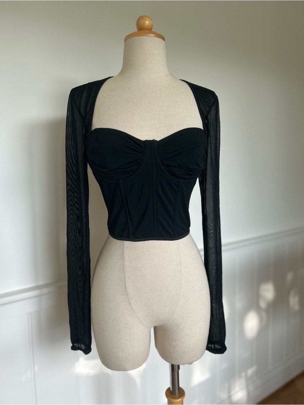 SHEIN Black Long Mesh Sleeve Bustier Crop Top